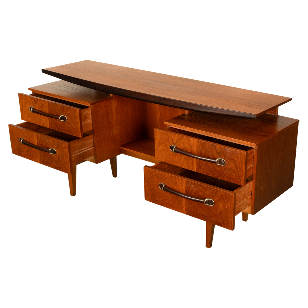 Vintage Danish Mid Century Modern Teak Four Drawer Desk with Floating Top 1965