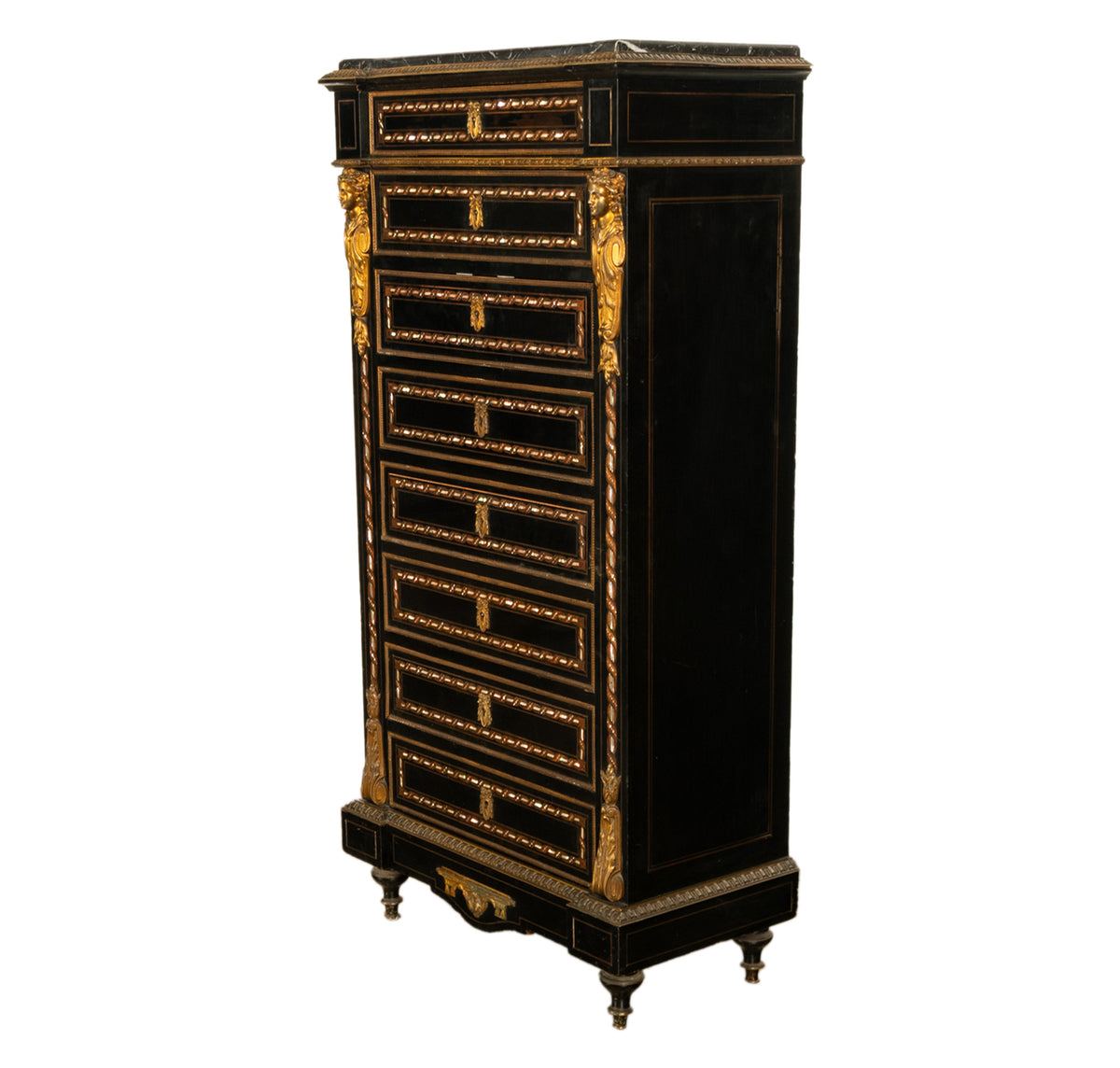 Antique French Napoleon III Mother-Of-Pearl Inlaid Ormolu Marble Top Secretaire Desk Chest 1860
