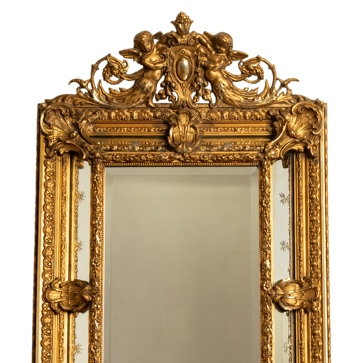 Antique French Giltwood Neoclassical Rococo Mirror Etched Stars Cherubs 1870