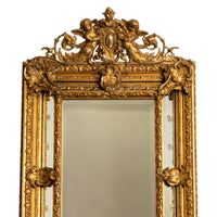 Antique French Giltwood Neoclassical Rococo Mirror Etched Stars Cherubs 1870