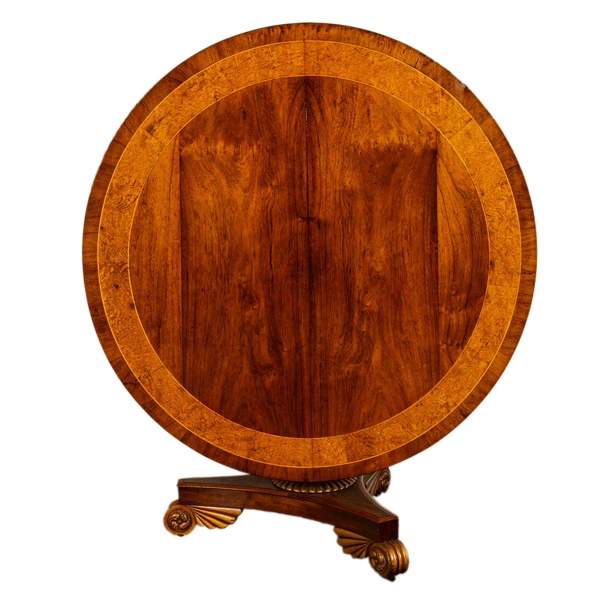 Antique Georgian Regency Amboyna Walnut Parcel Gilt Tilt-Top Breakfast Dining Table Circa 1820