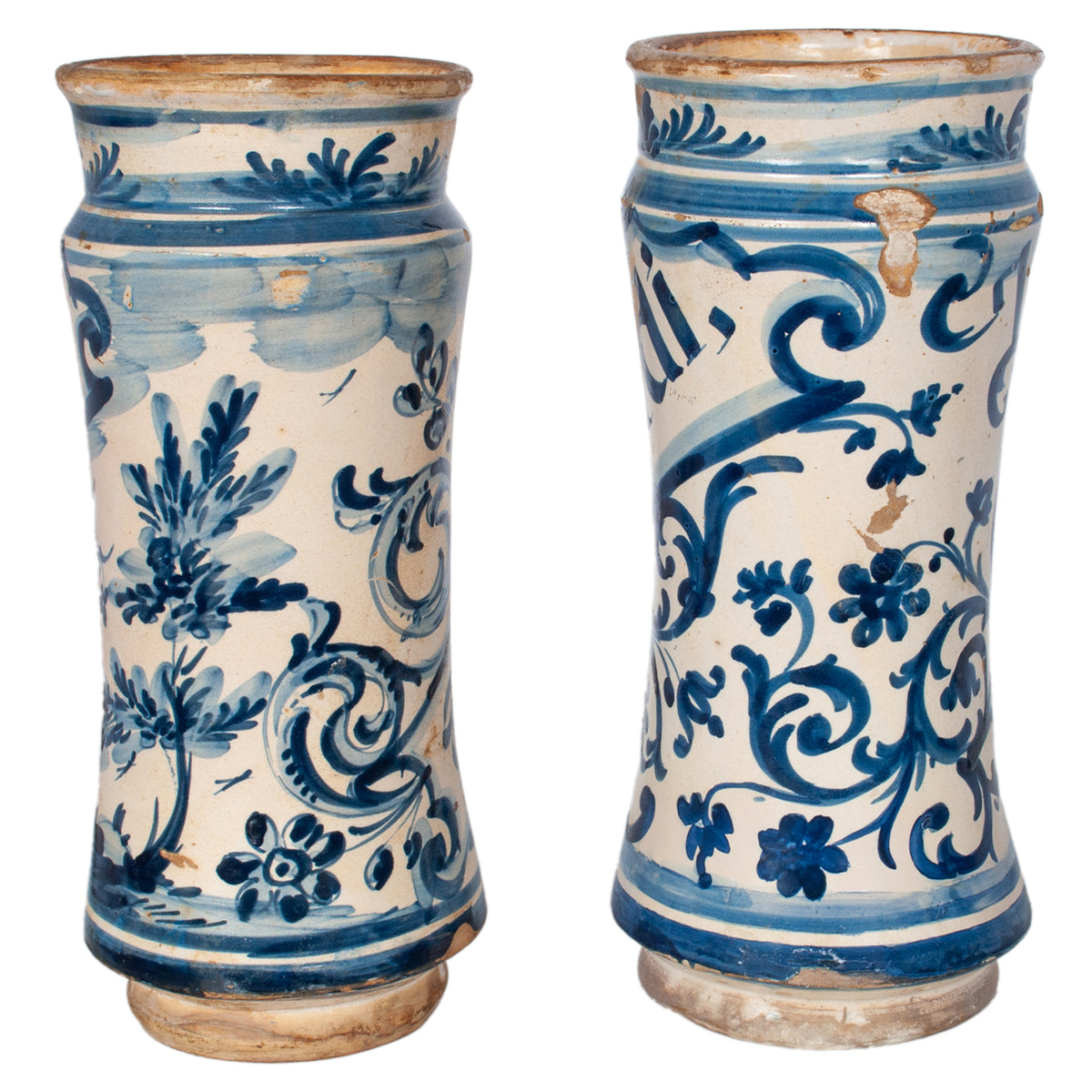 Pair Antique 17th Century Spanish Blue & White Pottery Albarelli Apothecary Jars 1680
