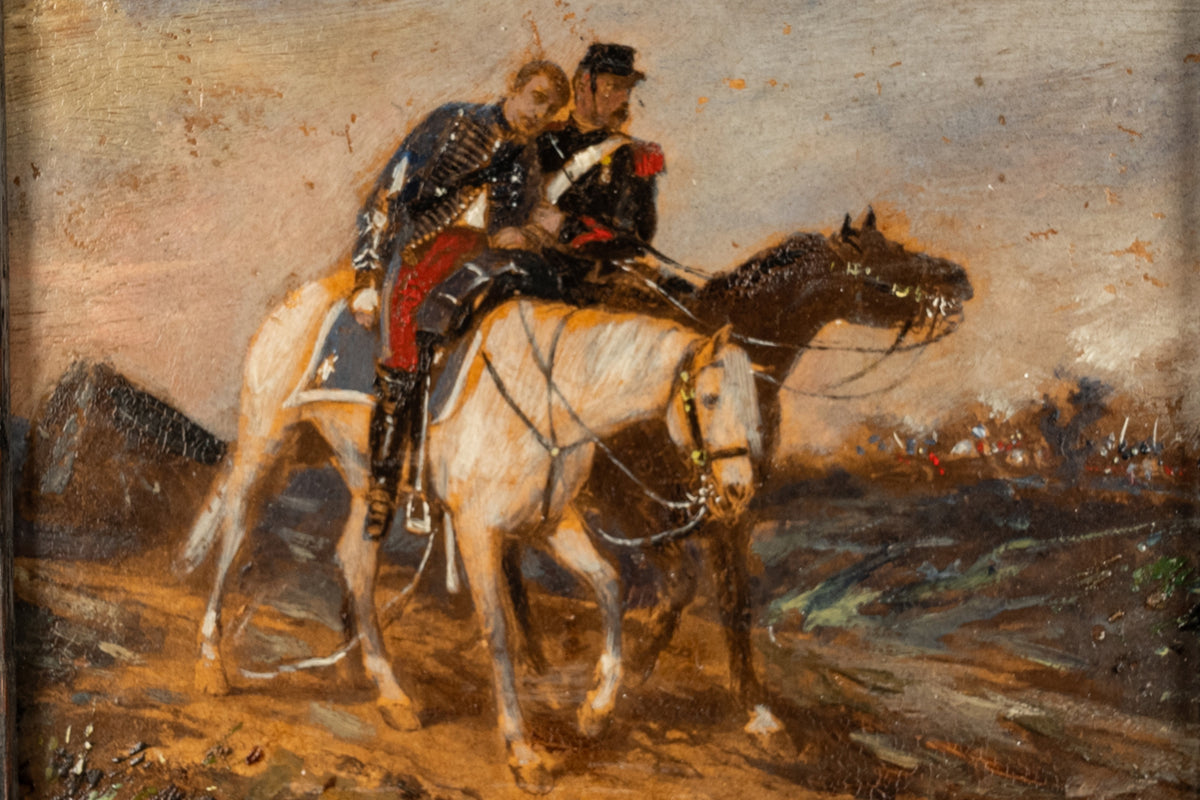 Antique Miniature Oil Painting on Panel French Battle Cavalry Horse Scene by James Alexander Walker 1875