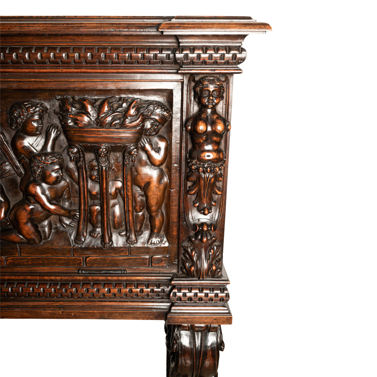 Antique Italian Renaissance Revival Carved Walnut Liquor Wine Cabinet Chest on Stand Cherubs 1880