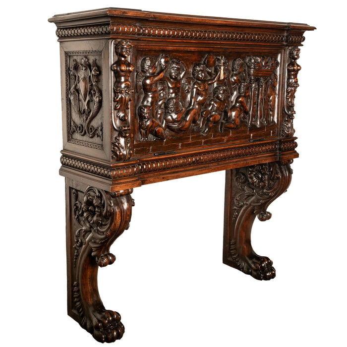 Antique Italian Renaissance Revival Carved Walnut Liquor Wine Cabinet Chest on Stand Cherubs 1880
