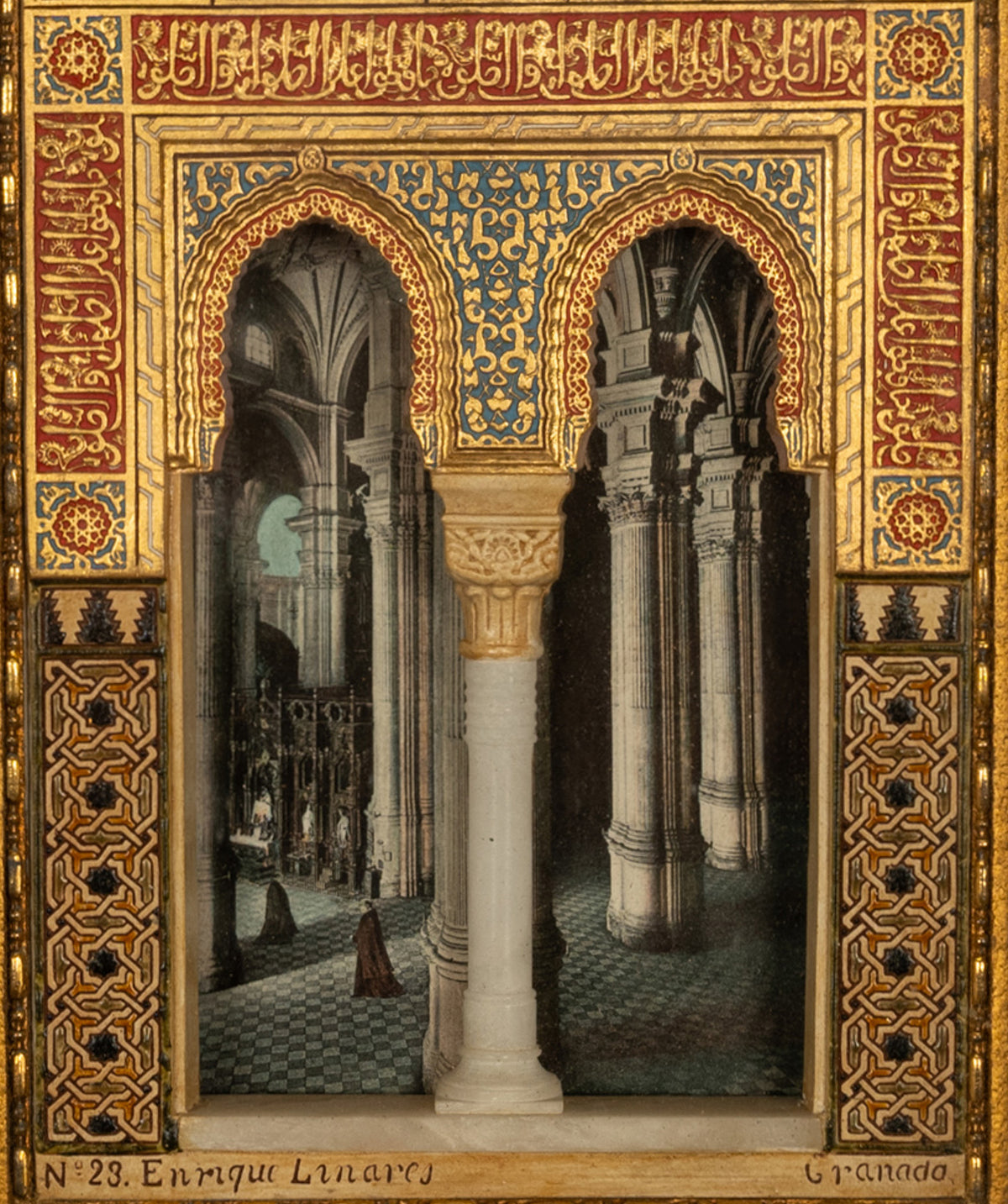 Antique Marble Gesso Islamic Gilt Panel Alhambra Window Granada Spain 1910