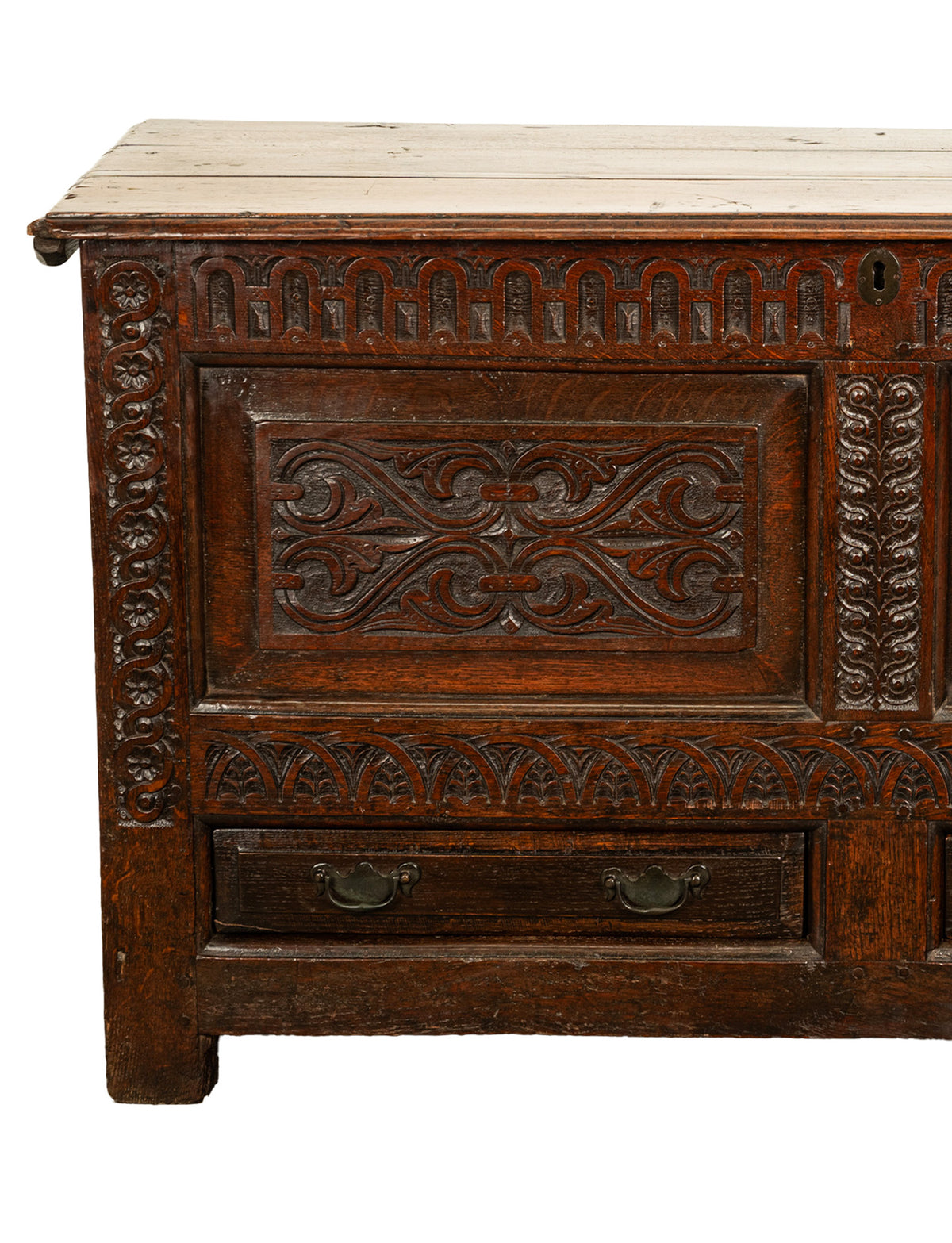 Antique English 17th Century King Charles II Carved Oak Coffer Mule Chest 1680