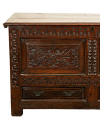 Antique English 17th Century King Charles II Carved Oak Coffer Mule Chest 1680