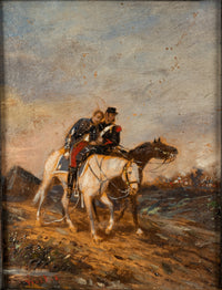 Antique Miniature Oil Painting on Panel French Battle Cavalry Horse Scene by James Alexander Walker 1875
