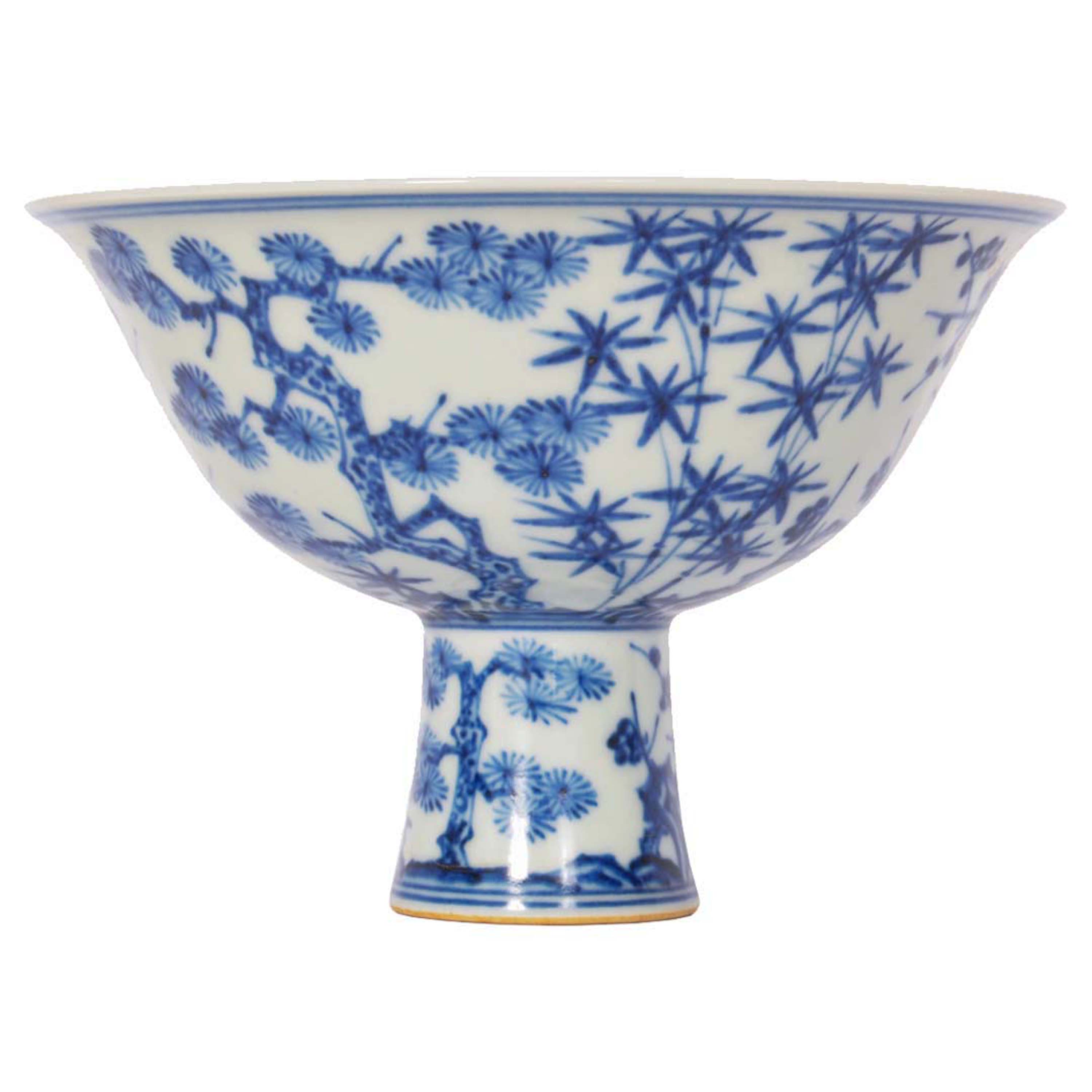 Antique Blue & White Chinese Qing Dynasty Porcelain Stem Cup Bowl