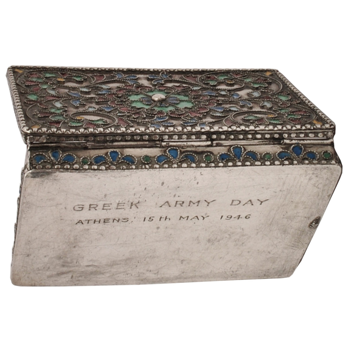 Antique Greek Civil War Pure Silver Cloisonne Case Engraved Athens Army Day 1946