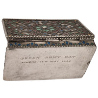 Antique Greek Civil War Pure Silver Cloisonne Case Engraved Athens Army Day 1946