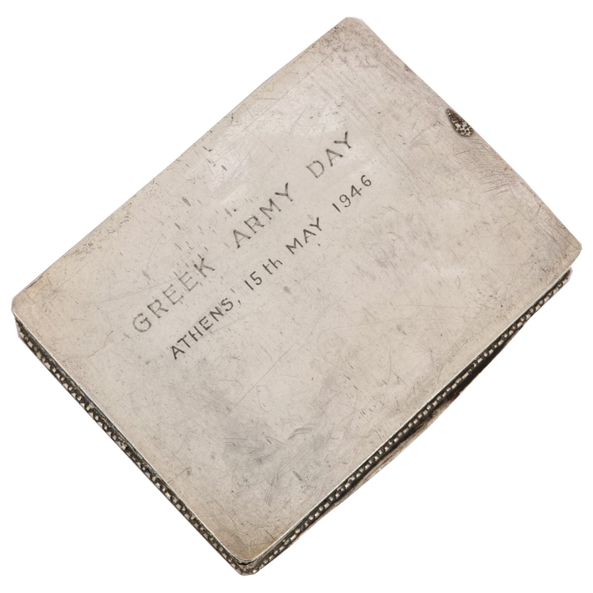 Antique Greek Civil War Pure Silver Cloisonne Case Engraved Athens Army Day 1946