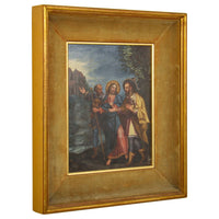 18th Century Italian Old Master Tempera on Panel Painting "Jesus Road to Emmaus" Circa 1700