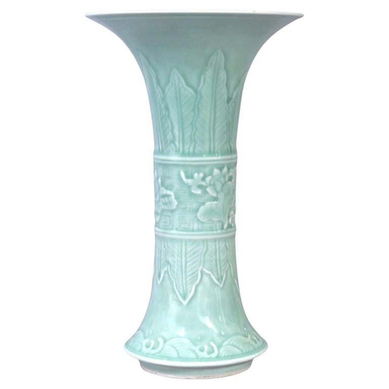 Antique Chinese Qing Green Celadon Relief Decorated Gu Shape Porcelain Vase 1850