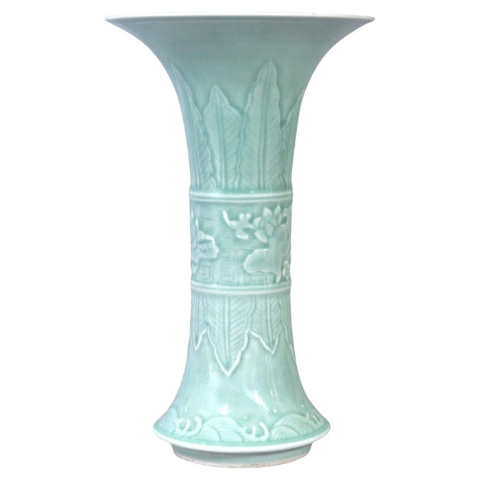 Antique Chinese Qing Green Celadon Relief Decorated Gu Shape Porcelain Vase 1850