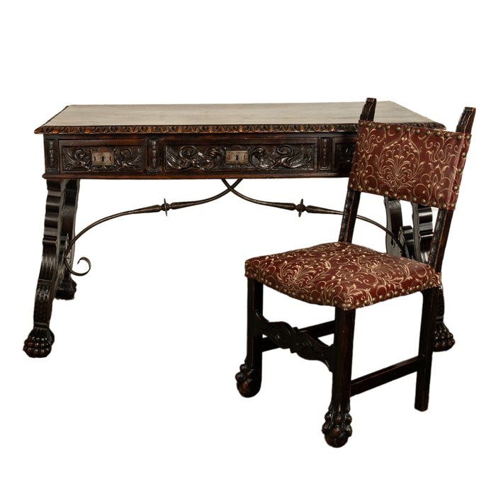 Antique Spanish Baroque Hand-Carved Walnut & Iron Trestle Desk & Chair 1860