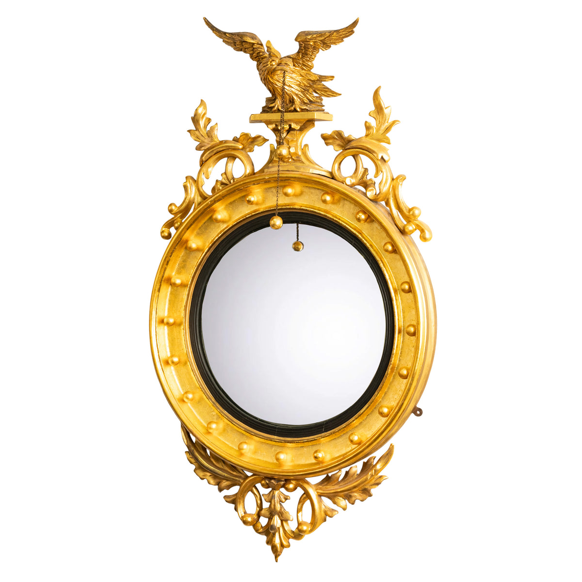 Antique Early 19thC American Federal Period Convex Gilt Wood Eagle Mirror 1820