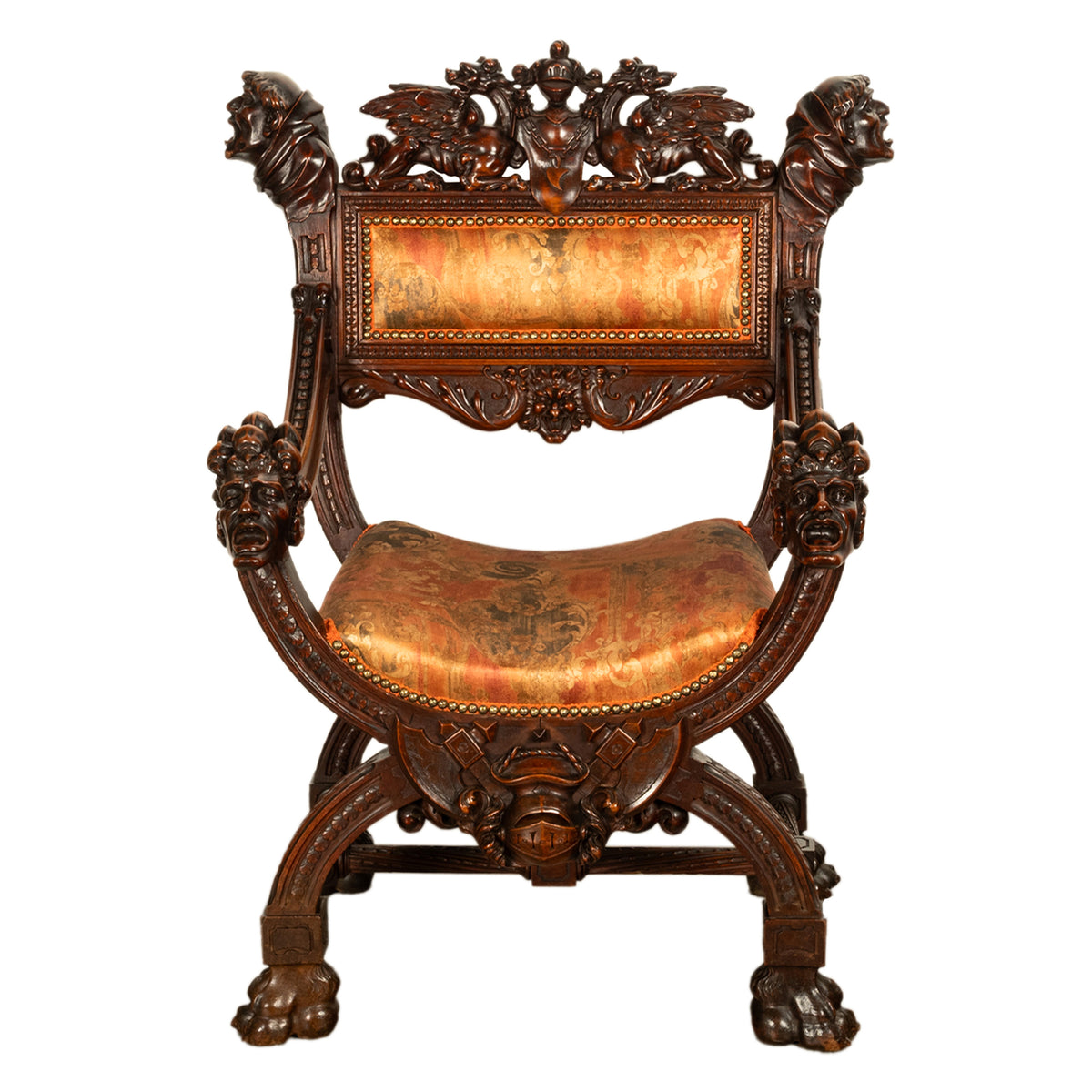 Antique Italian Hand Carved Walnut Renaissance Dragon & Knight Throne Chair 1880