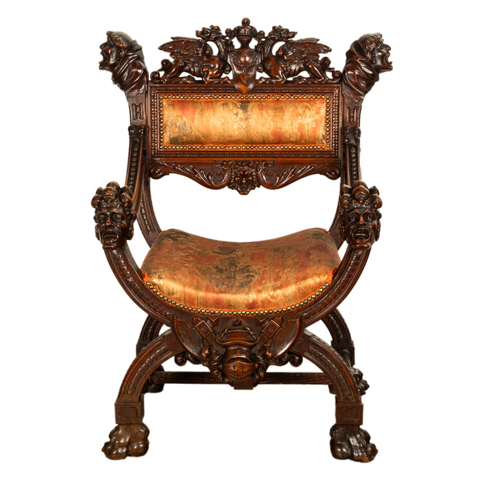 Antique Italian Hand Carved Walnut Renaissance Dragon & Knight Throne Chair 1880