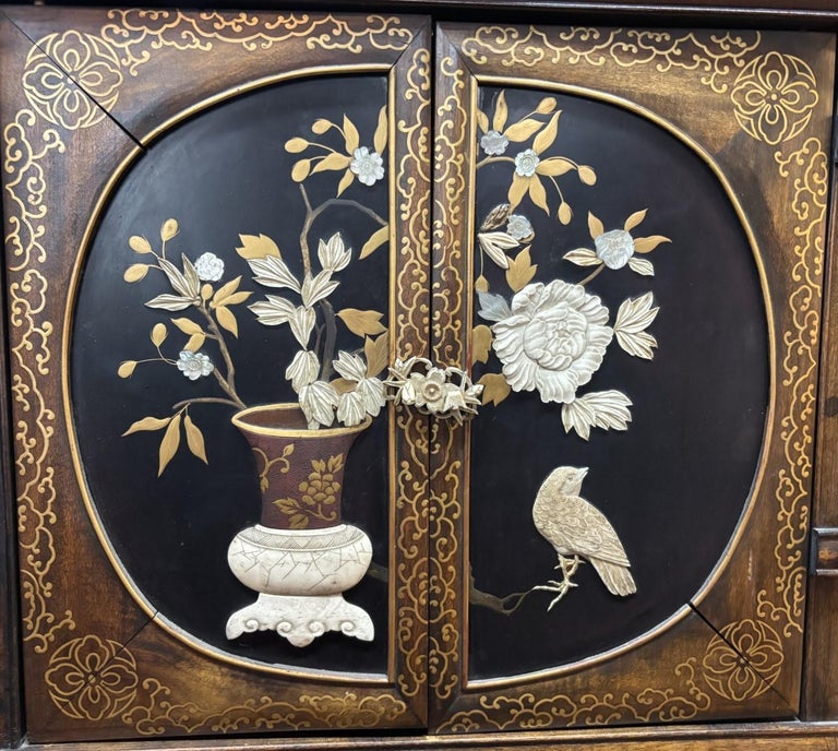 Antique Japanese Lacquer Inlaid Hardwood Meiji Period Shibayama Shodana Cabinet Circa 1880