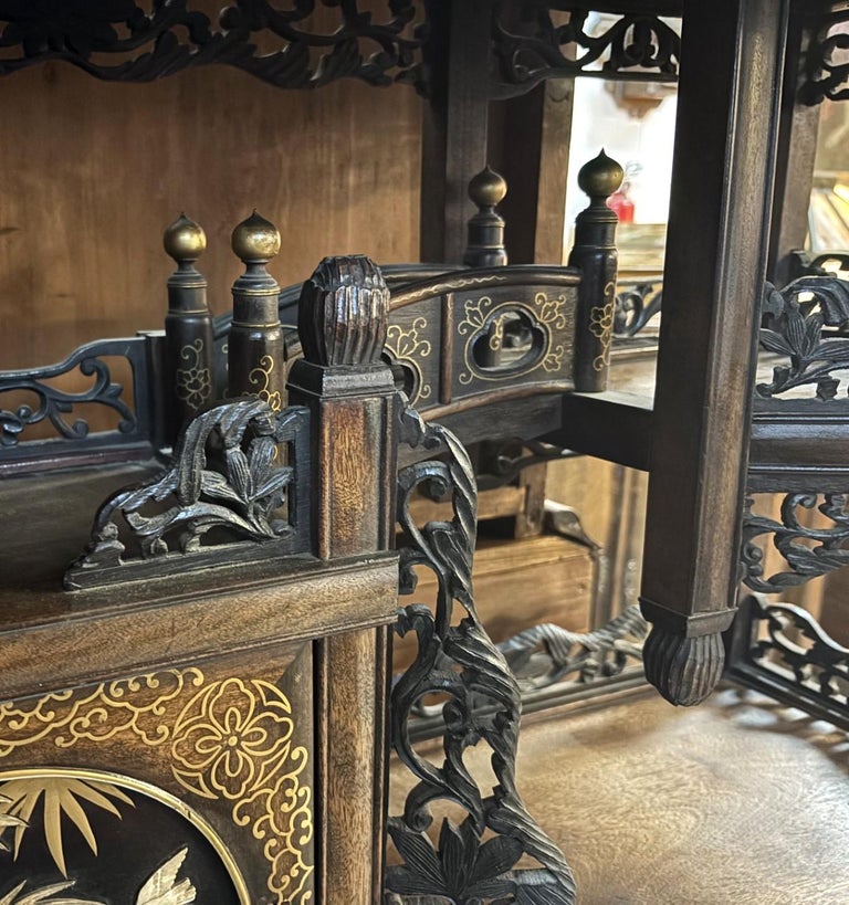 Antique Japanese Lacquer Inlaid Hardwood Meiji Period Shibayama Shodana Cabinet Circa 1880