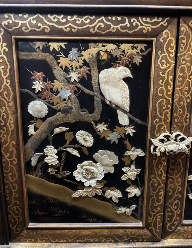 Antique Japanese Lacquer Inlaid Hardwood Meiji Period Shibayama Shodana Cabinet Circa 1880