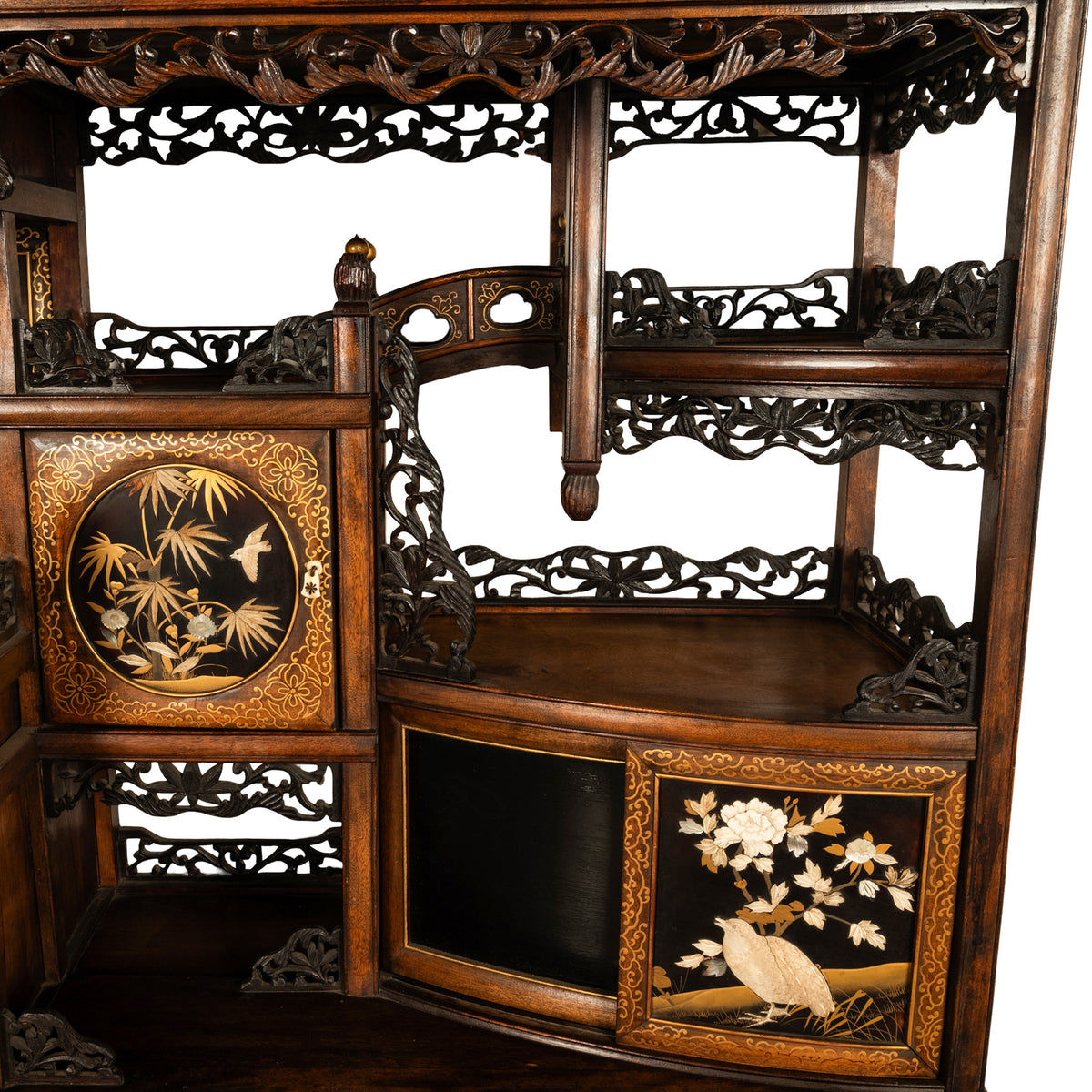 Antique Japanese Lacquer Inlaid Hardwood Meiji Period Shibayama Shodana Cabinet Circa 1880