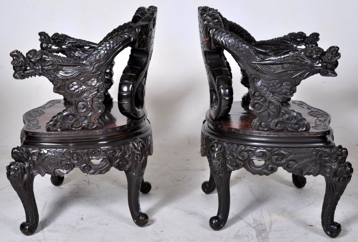 Pair of Antique Chinese Rosewood Dragon Armchairs, Circa 1900