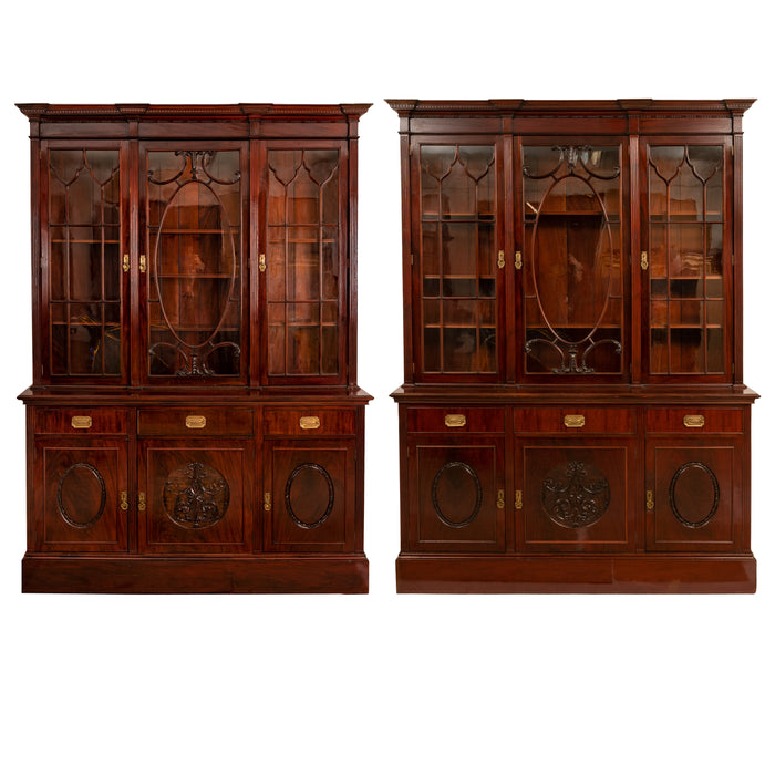 Antique Pair 19th Century Mahogany Bibliotheque Library Bookcase Cabinets, Circa 1880