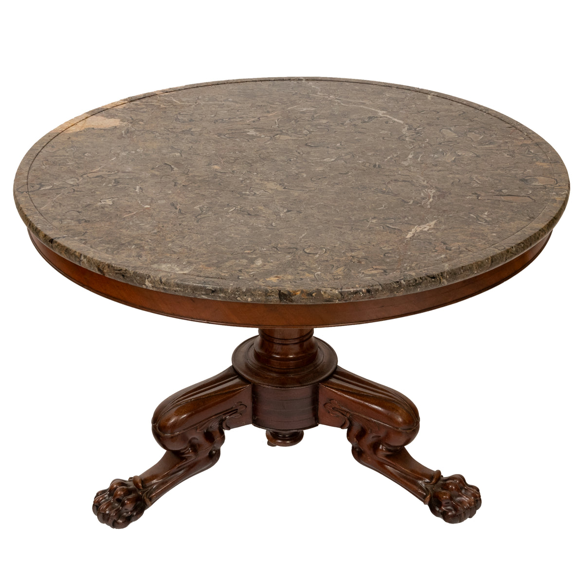 Antique French Louis Philippe Marble Top Carved Mahogany Round Tripod Table 1850