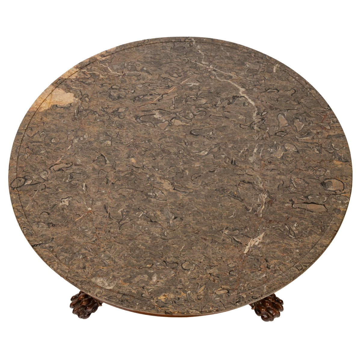 Antique French Louis Philippe Marble Top Carved Mahogany Round Tripod Table 1850