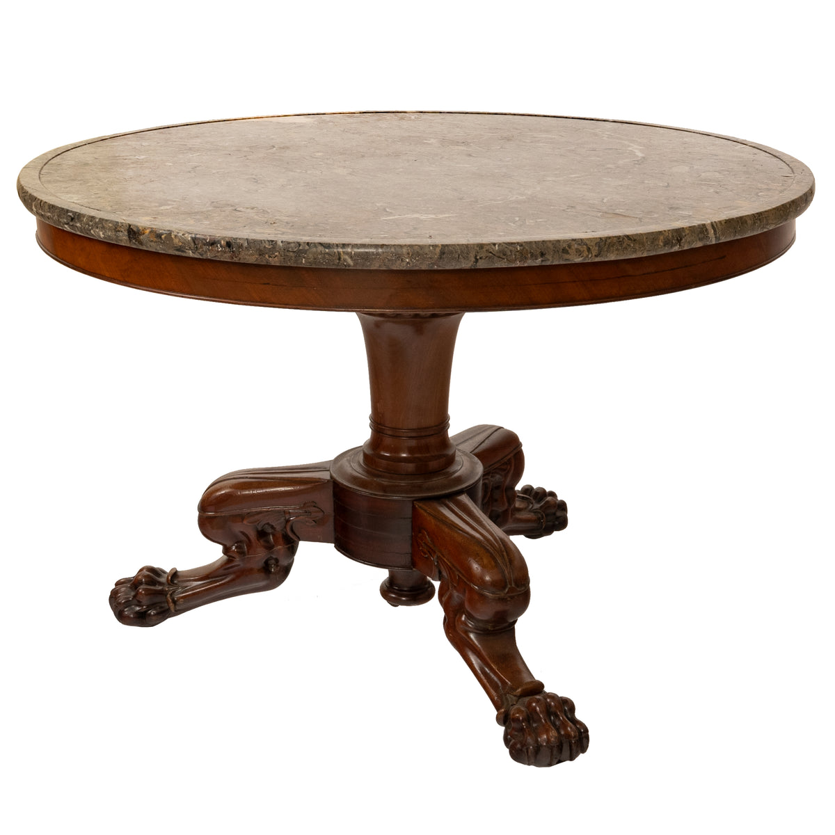 Antique French Louis Philippe Marble Top Carved Mahogany Round Tripod Table 1850
