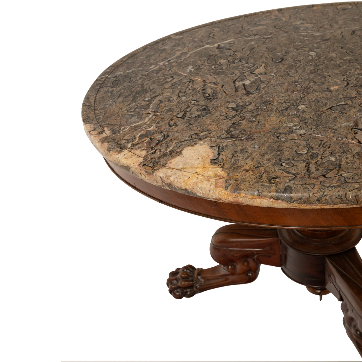 Antique French Louis Philippe Marble Top Carved Mahogany Round Tripod Table 1850