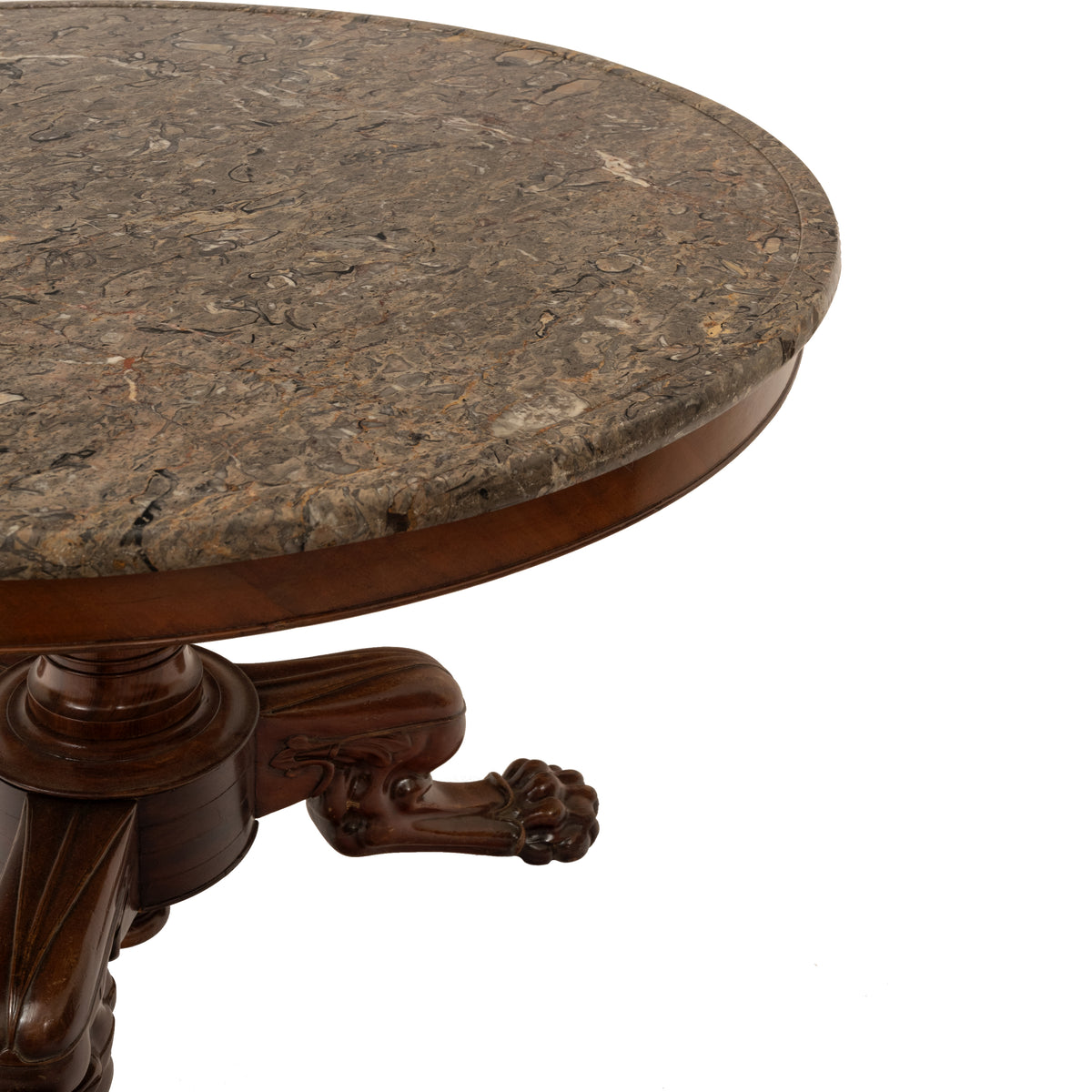 Antique French Louis Philippe Marble Top Carved Mahogany Round Tripod Table 1850