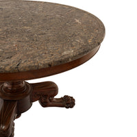 Antique French Louis Philippe Marble Top Carved Mahogany Round Tripod Table 1850