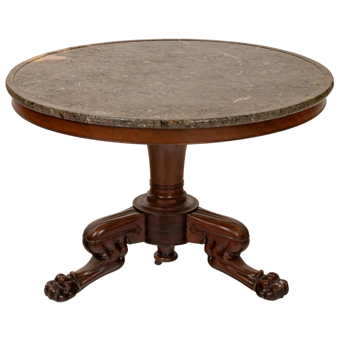 Antique French Louis Philippe Marble Top Carved Mahogany Round Tripod Table 1850