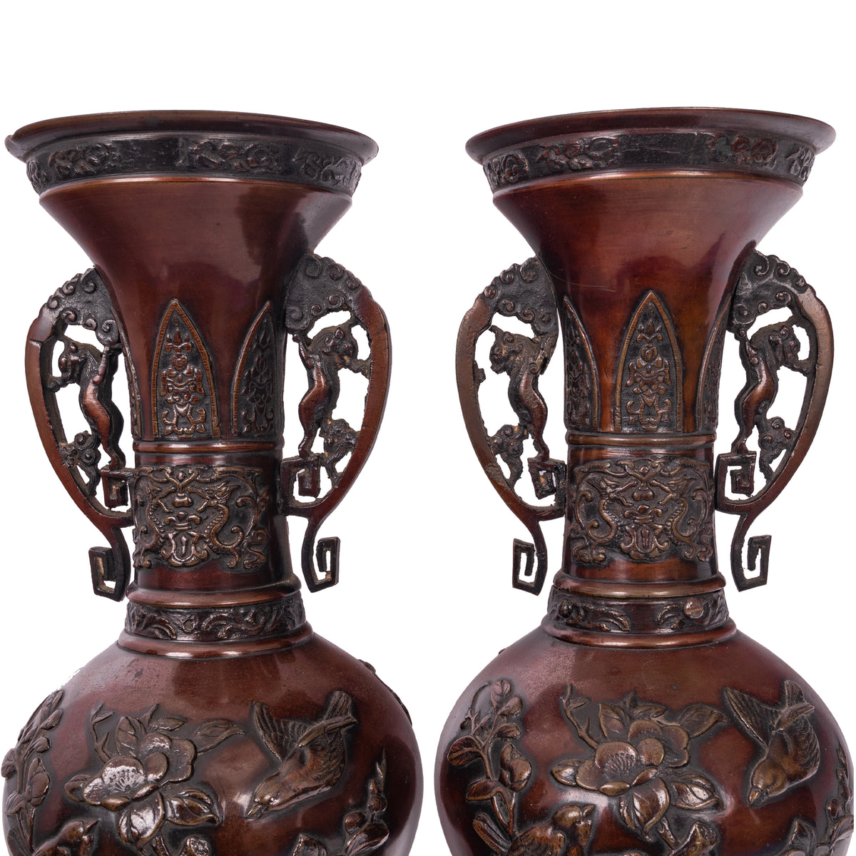 Large & Fine Pair of Antique Japanese Meiji Period Patinated Bronze Vases, 1890
