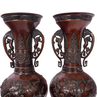 Large & Fine Pair of Antique Japanese Meiji Period Patinated Bronze Vases, 1890