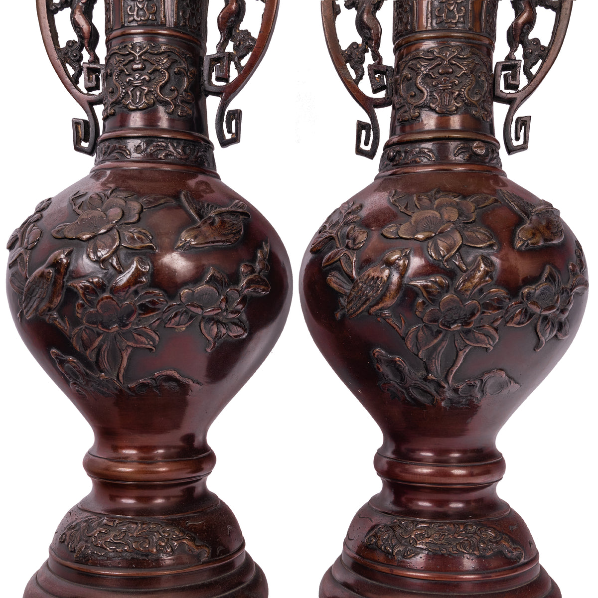 Large & Fine Pair of Antique Japanese Meiji Period Patinated Bronze Vases, 1890