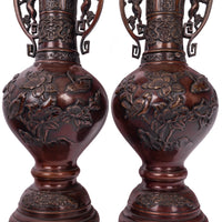 Large & Fine Pair of Antique Japanese Meiji Period Patinated Bronze Vases, 1890