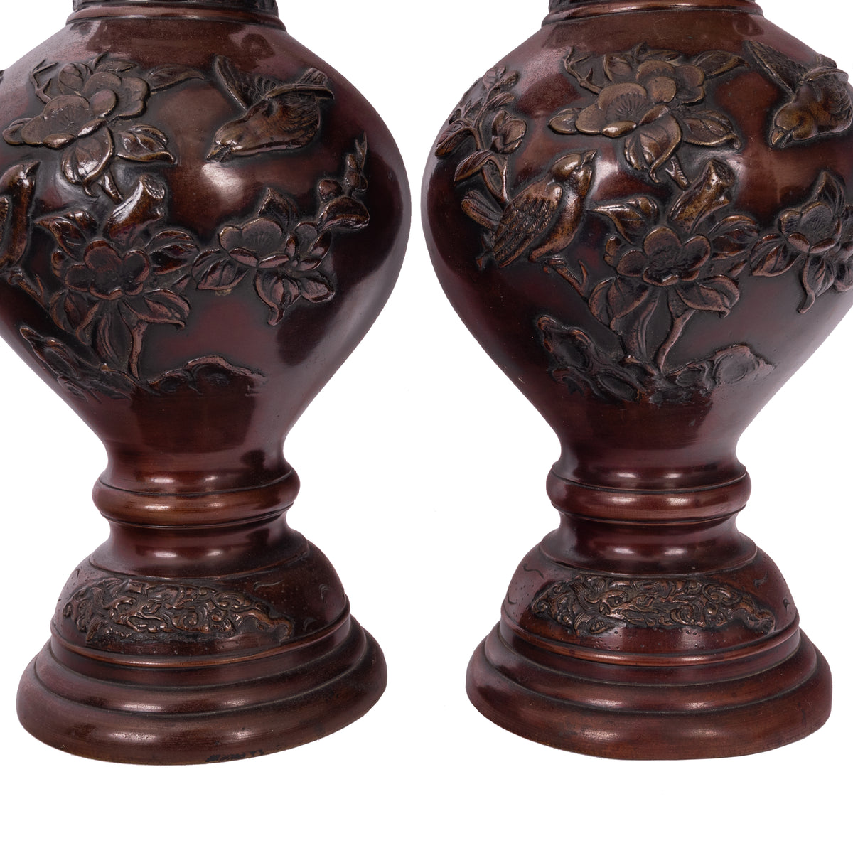 Large & Fine Pair of Antique Japanese Meiji Period Patinated Bronze Vases, 1890