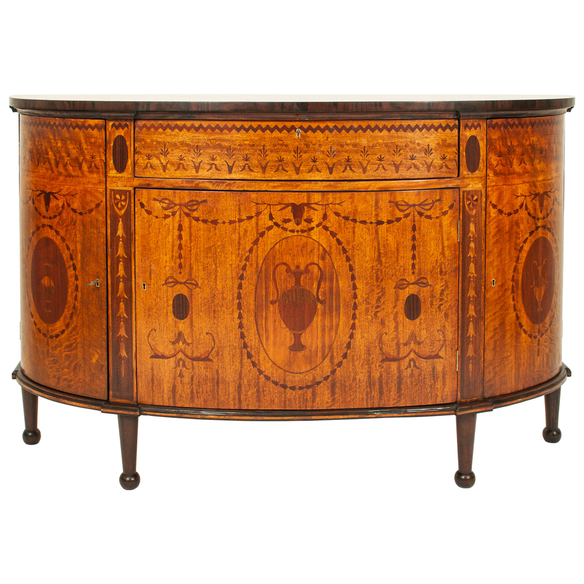 Antique Pair Regency Sheraton Marquetry Inlaid Mahogany Demi Lune Cabinets 1900