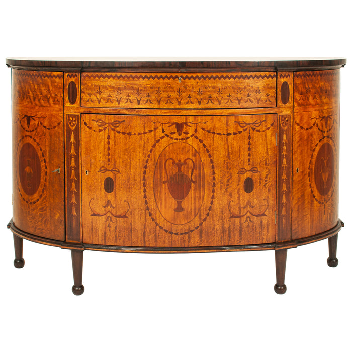 Antique Pair Regency Sheraton Marquetry Inlaid Mahogany Demi Lune Cabinets 1900