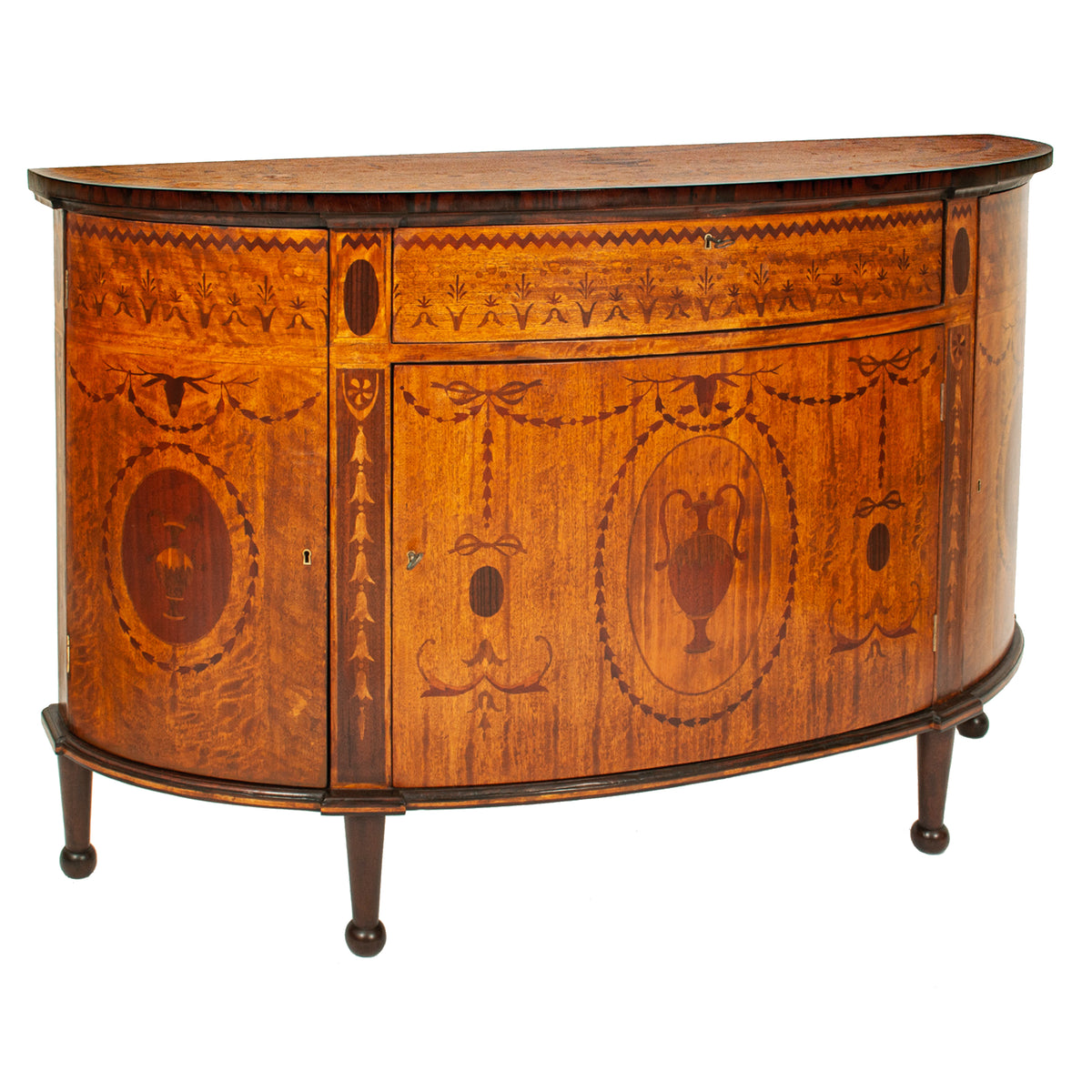 Antique Pair Regency Sheraton Marquetry Inlaid Mahogany Demi Lune Cabinets 1900