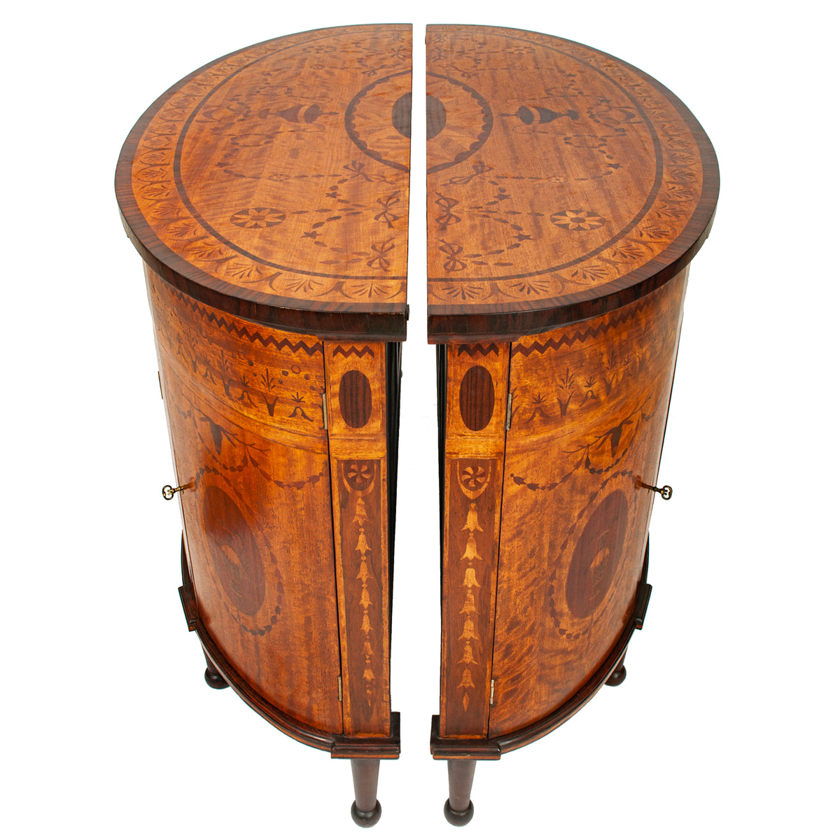 Antique Pair Regency Sheraton Marquetry Inlaid Mahogany Demi Lune Cabinets 1900