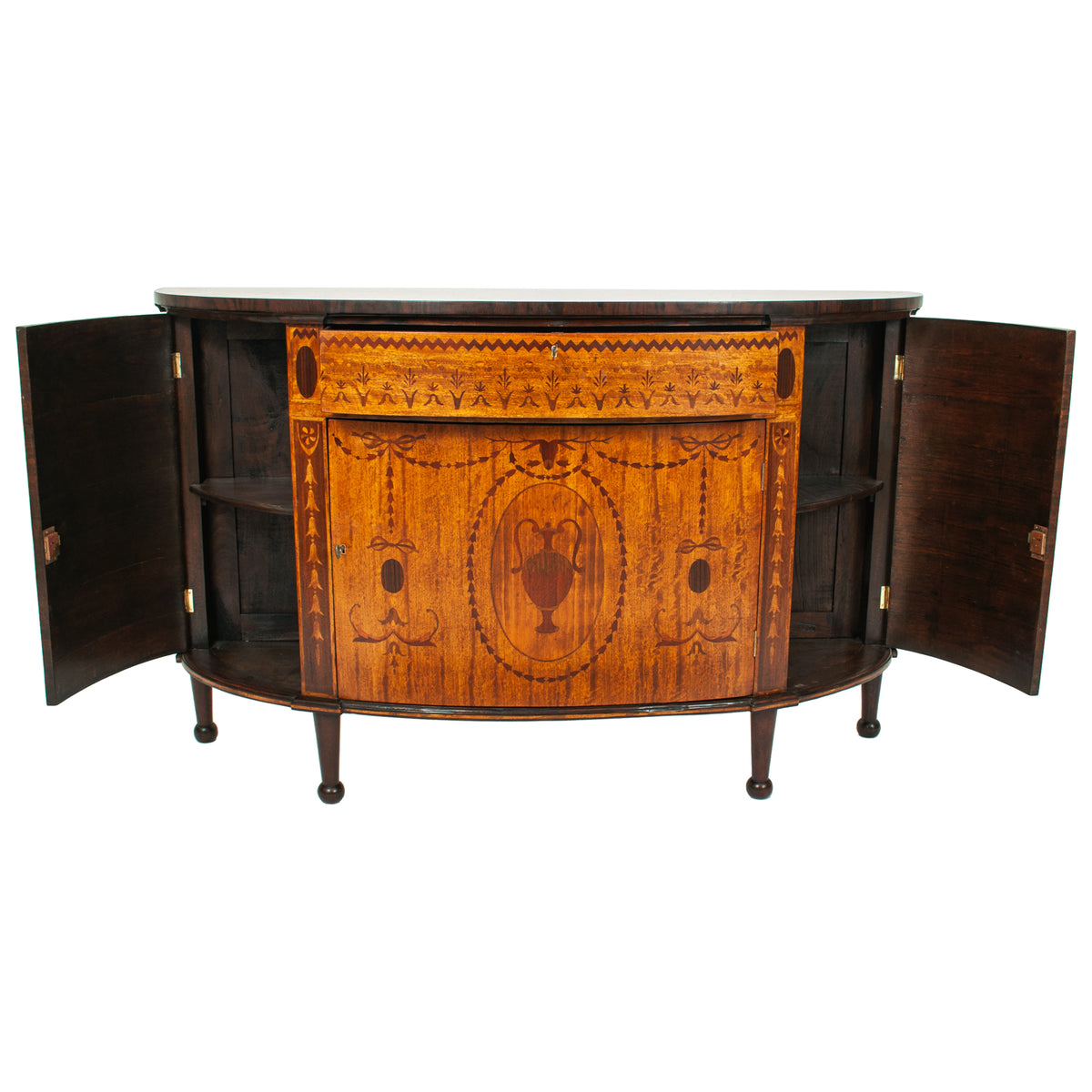 Antique Pair Regency Sheraton Marquetry Inlaid Mahogany Demi Lune Cabinets 1900