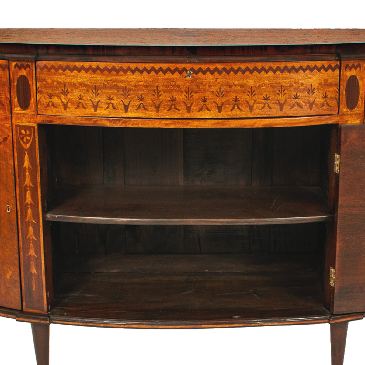 Antique Pair Regency Sheraton Marquetry Inlaid Mahogany Demi Lune Cabinets 1900