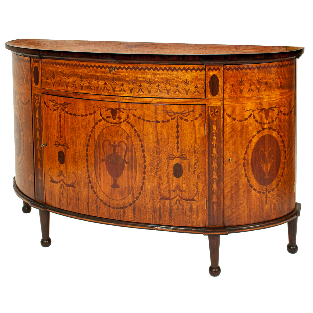 Antique Pair Regency Sheraton Marquetry Inlaid Mahogany Demi Lune Cabinets 1900