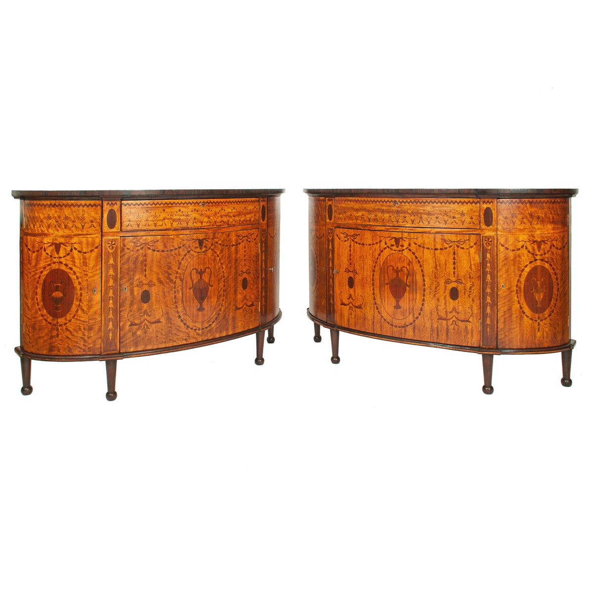 Antique Pair Regency Sheraton Marquetry Inlaid Mahogany Demi Lune Cabinets 1900